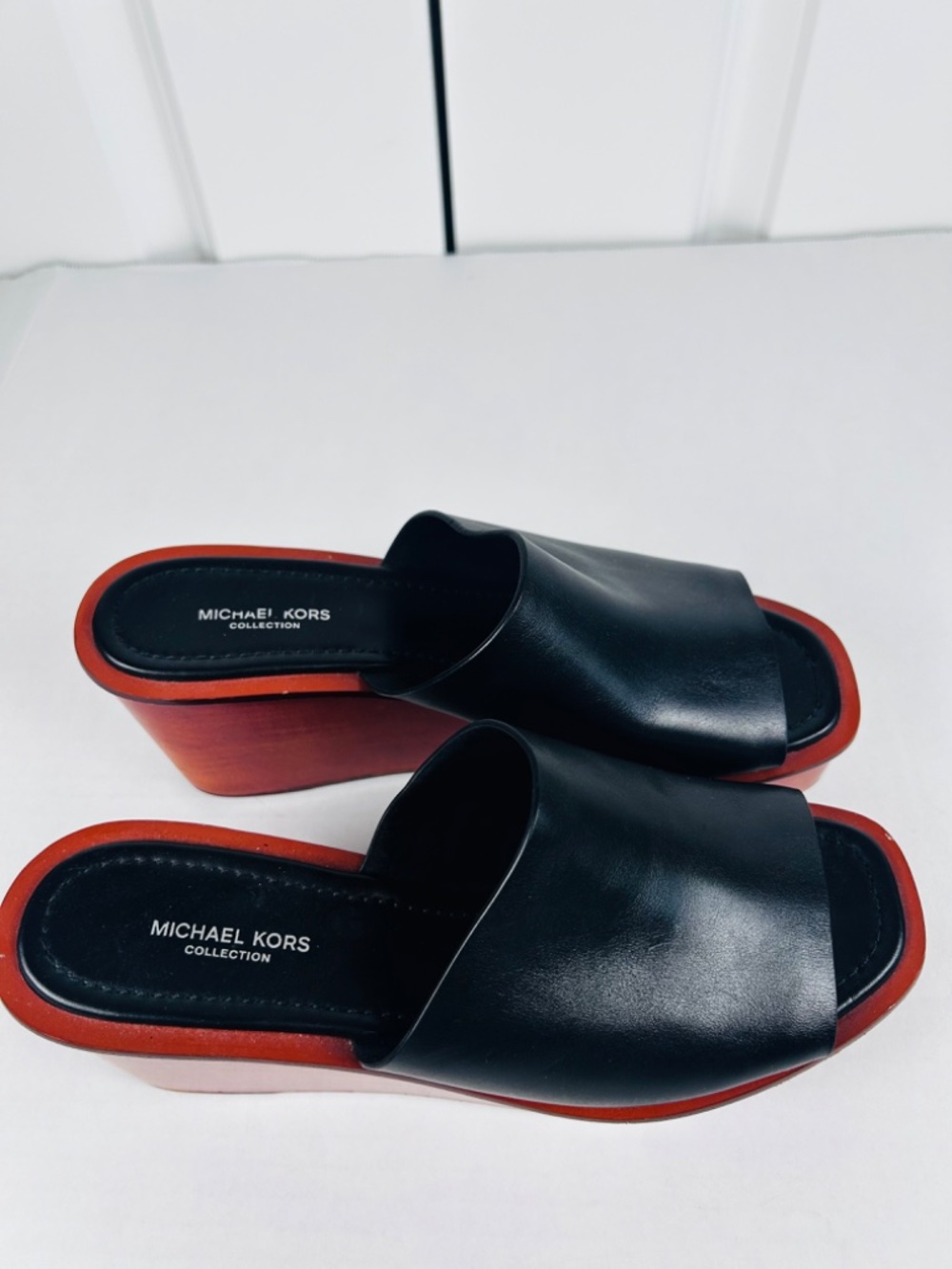 MICHAEL KORS Collection  Leather Wood Wedge Platform Mule Sandal Shoe 7.5 EUR 38 - Picture 5 of 15